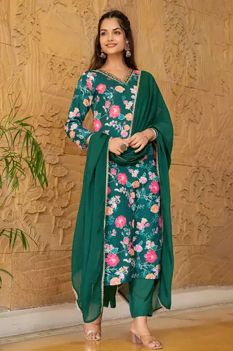 women green rayon blend floral printed straight kurta trousers with dupatta