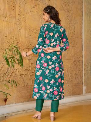 women green rayon blend floral printed straight kurta trousers with dupatta 5