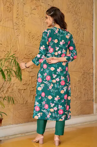 women green rayon blend floral printed straight kurta trousers with dupatta