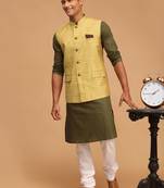 Men'S Dark Green, Yellow And White Cotton Blend Jacket, Kurta And Pyjama Set