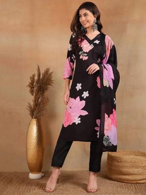 Black Rayon blend floral printed kurta set 1