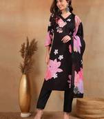 Black Rayon blend floral printed kurta set