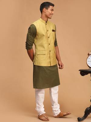 Men'S Dark Green, Yellow And White Cotton Blend Jacket, Kurta And Pyjama Set 2