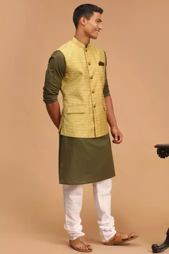 Men'S Dark Green, Yellow And White Cotton Blend Jacket, Kurta And Pyjama Set