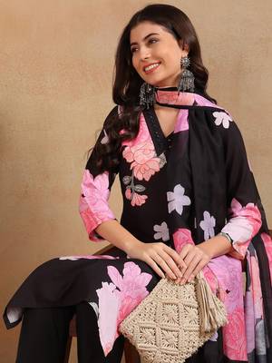 Black Rayon blend floral printed kurta set 2