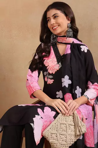 Black Rayon blend floral printed kurta set