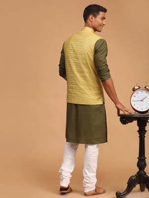 Men'S Dark Green, Yellow And White Cotton Blend Jacket, Kurta And Pyjama Set 3