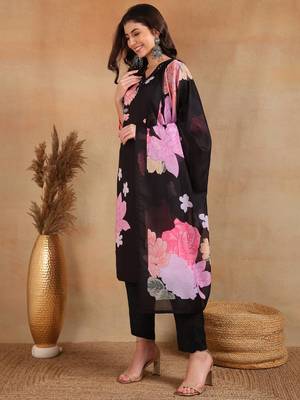 Black Rayon blend floral printed kurta set 3