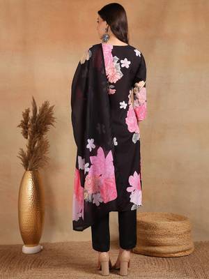 Black Rayon blend floral printed kurta set 4