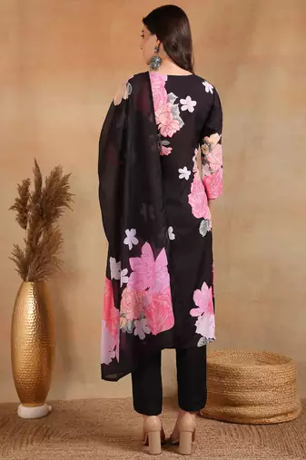 Black Rayon blend floral printed kurta set