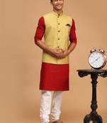 Men'S Maroon, Yellow And White Cotton Blend Jacket, Kurta And Pyjama Set