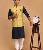 Men'S Navy Blue, Yellow And White Cotton Blend Jacket, Kurta And Pyjama Set