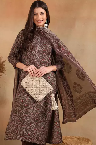 women grey rayon blend ethnic motifs printed straight kurta trousers with dupatta
