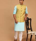 Men'S Aqua, Yellow And White Cotton Blend Jacket, Kurta And Pyjama Set
