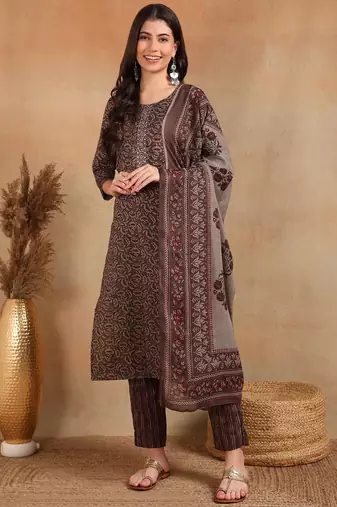 women grey rayon blend ethnic motifs printed straight kurta trousers with dupatta