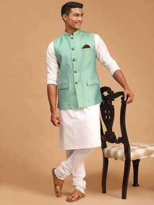 Green And White Cotton Blend Jacket, Kurta And Pyjama Set 1