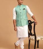 Green And White Cotton Blend Jacket, Kurta And Pyjama Set