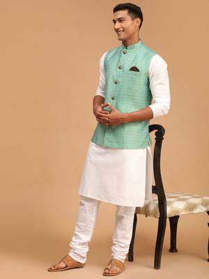 Green And White Cotton Blend Jacket, Kurta And Pyjama Set 2