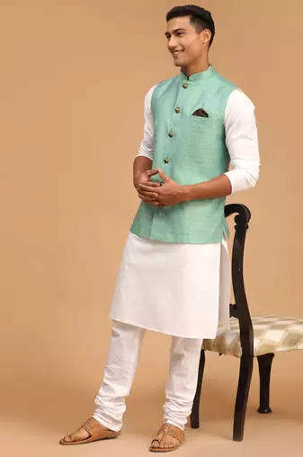 Green And White Cotton Blend Jacket, Kurta And Pyjama Set