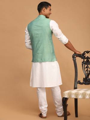 Green And White Cotton Blend Jacket, Kurta And Pyjama Set 3