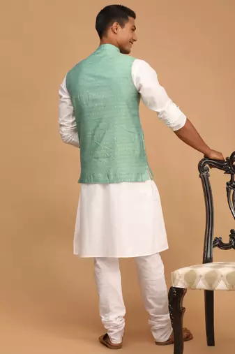 Green And White Cotton Blend Jacket, Kurta And Pyjama Set