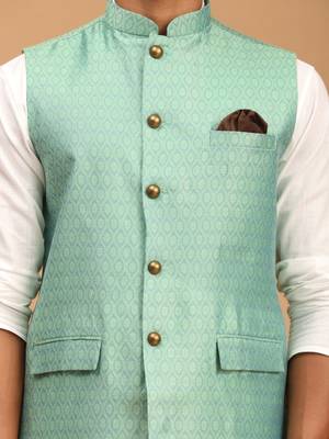 Green And White Cotton Blend Jacket, Kurta And Pyjama Set 4