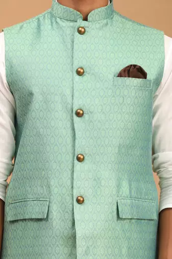 Green And White Cotton Blend Jacket, Kurta And Pyjama Set