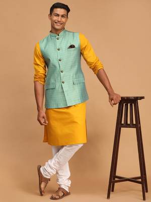 Mustard, Green And White Cotton Blend Jacket, Kurta And Pyjama Set 1