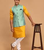 Men'S Mustard, Green And White Cotton Blend Jacket, Kurta And Pyjama Set
