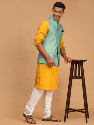 Mustard, Green And White Cotton Blend Jacket, Kurta And Pyjama Set 2