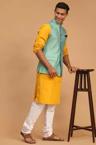 Mustard, Green And White Cotton Blend Jacket, Kurta And Pyjama Set