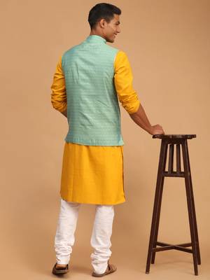 Mustard, Green And White Cotton Blend Jacket, Kurta And Pyjama Set 3