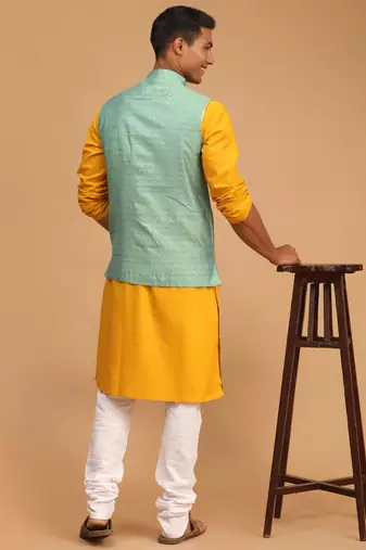 Mustard, Green And White Cotton Blend Jacket, Kurta And Pyjama Set