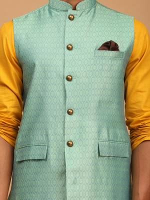 Mustard, Green And White Cotton Blend Jacket, Kurta And Pyjama Set 4