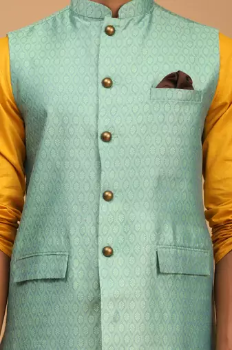 Mustard, Green And White Cotton Blend Jacket, Kurta And Pyjama Set