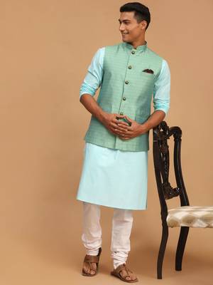 Aqua, Green And White Cotton Blend Jacket, Kurta And Pyjama Set 1