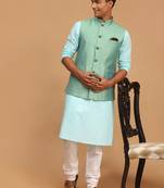 Aqua, Green And White Cotton Blend Jacket, Kurta And Pyjama Set