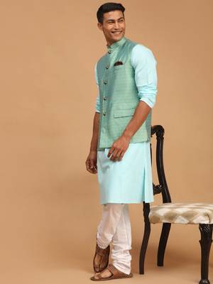 Aqua, Green And White Cotton Blend Jacket, Kurta And Pyjama Set 2
