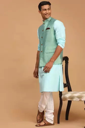 Aqua, Green And White Cotton Blend Jacket, Kurta And Pyjama Set