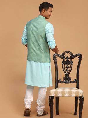 Aqua, Green And White Cotton Blend Jacket, Kurta And Pyjama Set 3