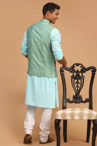 Aqua, Green And White Cotton Blend Jacket, Kurta And Pyjama Set