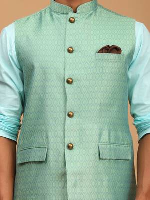 Aqua, Green And White Cotton Blend Jacket, Kurta And Pyjama Set 4