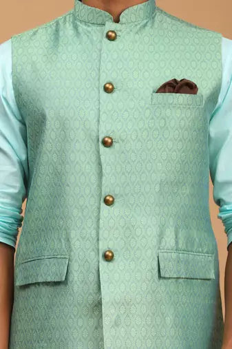 Aqua, Green And White Cotton Blend Jacket, Kurta And Pyjama Set