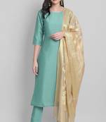 Janasya women's green poly silk solid kurta with pant and dupatta