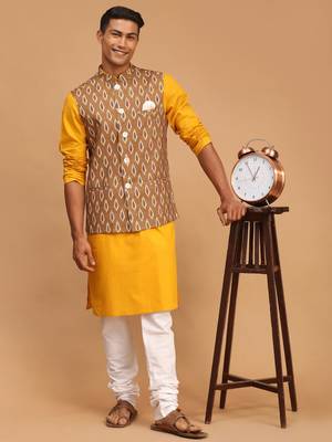 Mustard, Green And White Cotton Blend Jacket, Kurta And Pyjama Set 1
