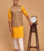 Mustard, Green And White Cotton Blend Jacket, Kurta And Pyjama Set