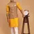 Mustard, Green And White Cotton Blend Jacket, Kurta And Pyjama Set
