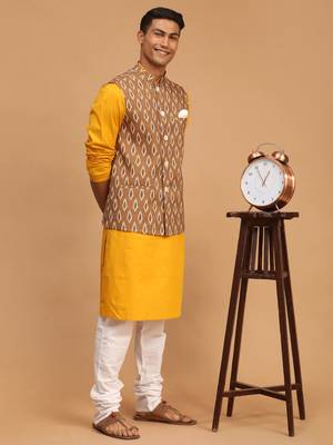 Mustard, Green And White Cotton Blend Jacket, Kurta And Pyjama Set 2