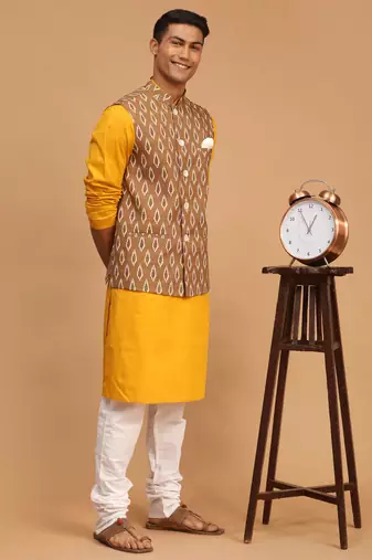 Mustard, Green And White Cotton Blend Jacket, Kurta And Pyjama Set