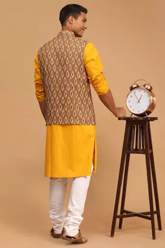 Mustard, Green And White Cotton Blend Jacket, Kurta And Pyjama Set